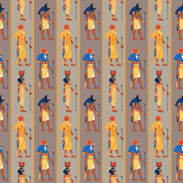 egyptian gods, ancient figures, hieroglyphs, repeating pattern, orange stripes, blue headdresses, yellow garments, tan background, cultural motifs, mythology, pharaoh figures, ankh symbols, staffs, vertical stripes,, fabric panel, historical theme, desert colors, earth tones, geometric layout