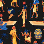 egyptian mythology, ancient pharaohs, hieroglyphics, gold yellow, royal blue, burnt orange, black background, winged figures, ankh symbols, eye of horus, anubis deity, egyptian gods, ornate jewelry, striped headdress,, fabric panel, mystical theme, archaeological motifs, ceremonial staff, sacred symbols