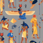 egyptian mythology, ancient gods, hieroglyphs, anubis, winged deity, pyramids, eye of horus, ankh symbols, blue and gold, terracotta orange, gray background,, fabric panel, egyptian art style, pharaoh figures, sacred symbols, ancient civilization, decorative motifs, repetitive pattern, mythological characters