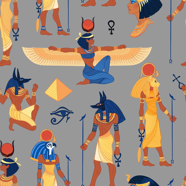 egyptian mythology, ancient gods, hieroglyphs, anubis, winged deity, pyramids, eye of horus, ankh symbols, blue and gold, terracotta orange, gray background,, fabric panel, egyptian art style, pharaoh figures, sacred symbols, ancient civilization, decorative motifs, repetitive pattern, mythological characters