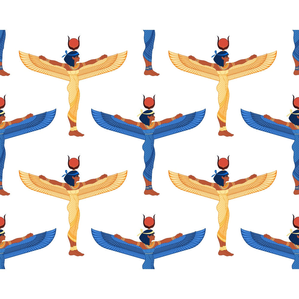 egyptian goddess, winged deity, gold wings, blue wings, red sun disk, ancient mythology, repeating pattern,, fabric panel, egyptian art style, hieroglyphic design, blue and gold, red accents, goddess isis, mythological figures, ancient symbols, decorative motifs, craft fabric, sewing material