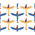 egyptian goddess, winged deity, gold wings, blue wings, red sun disk, ancient mythology, repeating pattern,, fabric panel, egyptian art style, hieroglyphic design, blue and gold, red accents, goddess isis, mythological figures, ancient symbols, decorative motifs, craft fabric, sewing material