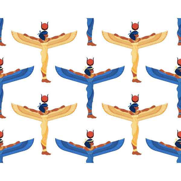 egyptian goddess, winged deity, gold wings, blue wings, red sun disk, ancient mythology, repeating pattern,, fabric panel, egyptian art style, hieroglyphic design, blue and gold, red accents, goddess isis, mythological figures, ancient symbols, decorative motifs, craft fabric, sewing material