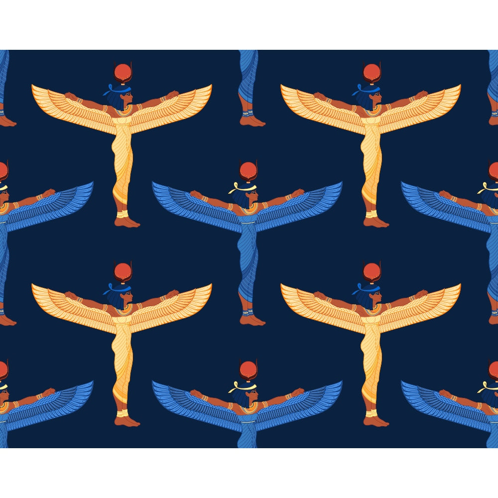 egyptian goddess, winged figure, navy blue, golden yellow, red sun disc, repeating pattern, ancient mythology,, fabric panel, egyptian hieroglyphs, isis goddess, spread wings, royal blue, orange accents, mythological motif, geometric arrangement, cultural design, decorative wings, pharaonic style, historical imagery