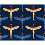 egyptian goddess, winged figure, navy blue, golden yellow, red sun disc, repeating pattern, ancient mythology,, fabric panel, egyptian hieroglyphs, isis goddess, spread wings, royal blue, orange accents, mythological motif, geometric arrangement, cultural design, decorative wings, pharaonic style, historical imagery