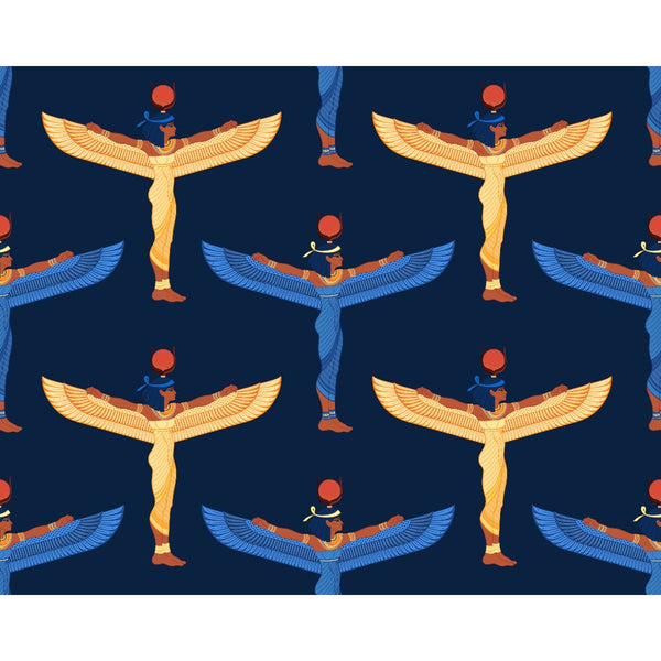 egyptian goddess, winged figure, navy blue, golden yellow, red sun disc, repeating pattern, ancient mythology,, fabric panel, egyptian hieroglyphs, isis goddess, spread wings, royal blue, orange accents, mythological motif, geometric arrangement, cultural design, decorative wings, pharaonic style, historical imagery
