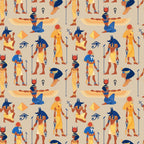 egyptian mythology, ancient egypt, pharaohs, gods and goddesses, anubis, hieroglyphics, winged figures, pyramids, eye of horus, ankh symbols, golden yellow, deep blue, terracotta, beige background, repeating pattern,, fabric panel, historical motifs, sacred symbols, egyptian deities