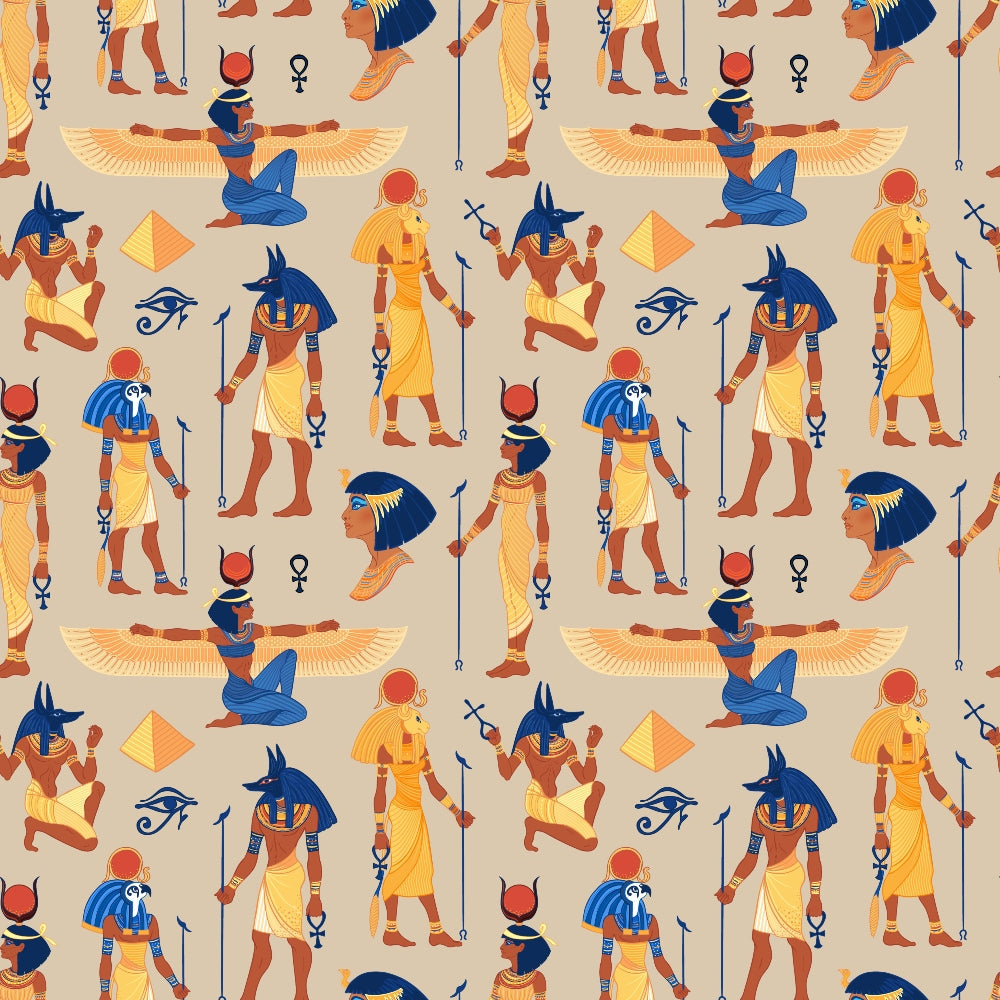 egyptian mythology, ancient egypt, pharaohs, gods and goddesses, anubis, hieroglyphics, winged figures, pyramids, eye of horus, ankh symbols, golden yellow, deep blue, terracotta, beige background, repeating pattern,, fabric panel, historical motifs, sacred symbols, egyptian deities