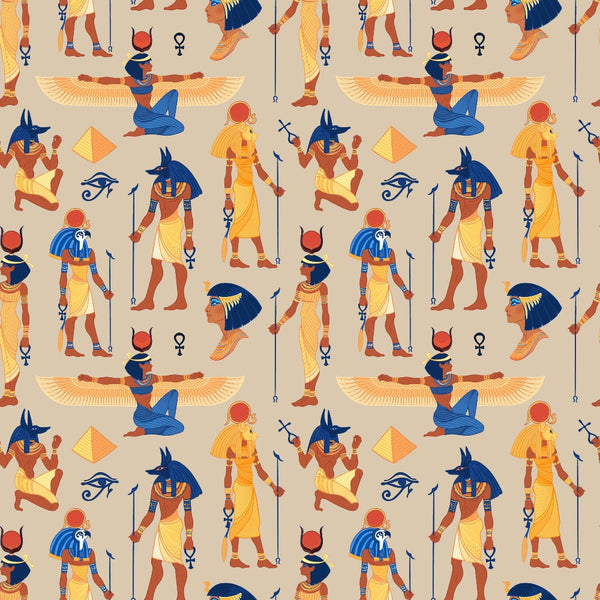 egyptian mythology, ancient egypt, pharaohs, gods and goddesses, anubis, hieroglyphics, winged figures, pyramids, eye of horus, ankh symbols, golden yellow, deep blue, terracotta, beige background, repeating pattern,, fabric panel, historical motifs, sacred symbols, egyptian deities