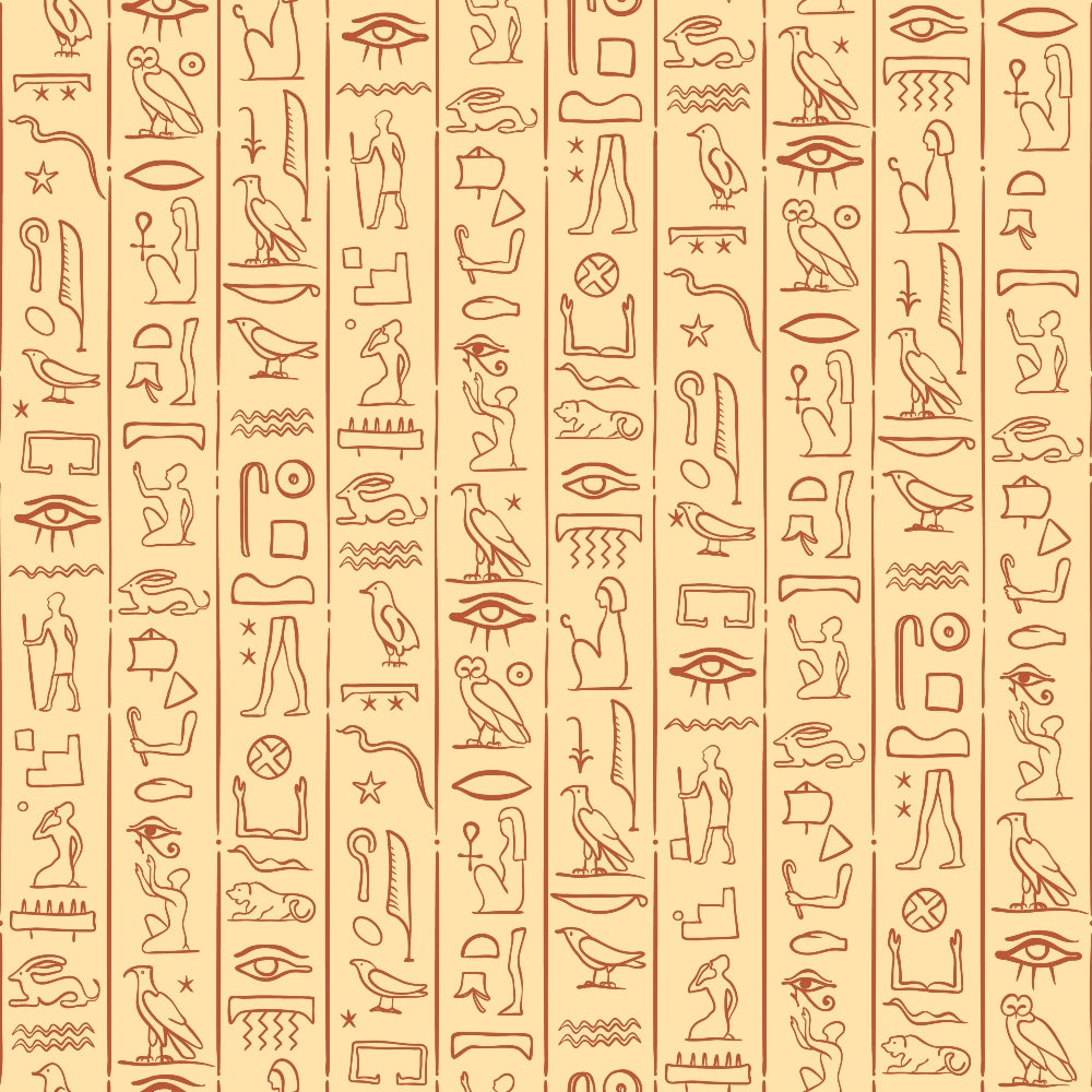 beige background, terracotta red, rust orange, egyptian hieroglyphs, ancient symbols, birds, owls, eyes, human figures, geometric patterns, wavy lines, stars, archaeological motifs, antiquated style, mystical atmosphere,, fabric panel, historical theme, desert tones, cultural symbols