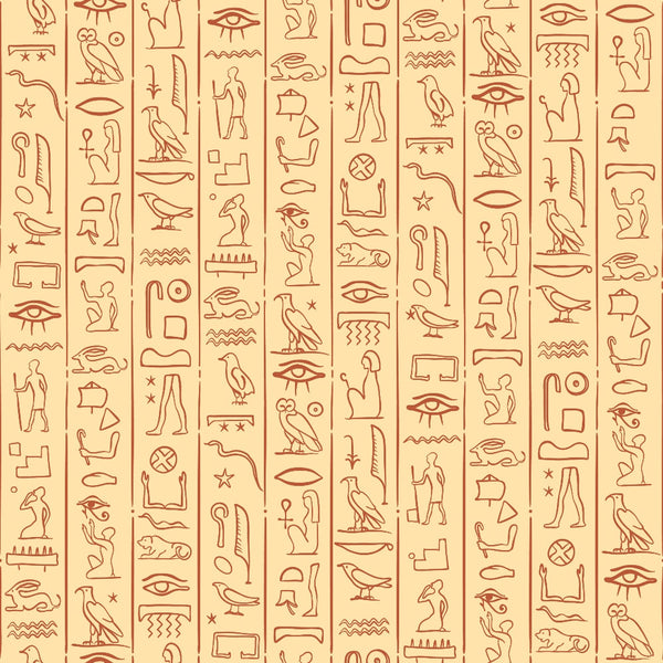 beige background, terracotta red, rust orange, egyptian hieroglyphs, ancient symbols, birds, owls, eyes, human figures, geometric patterns, wavy lines, stars, archaeological motifs, antiquated style, mystical atmosphere,, fabric panel, historical theme, desert tones, cultural symbols