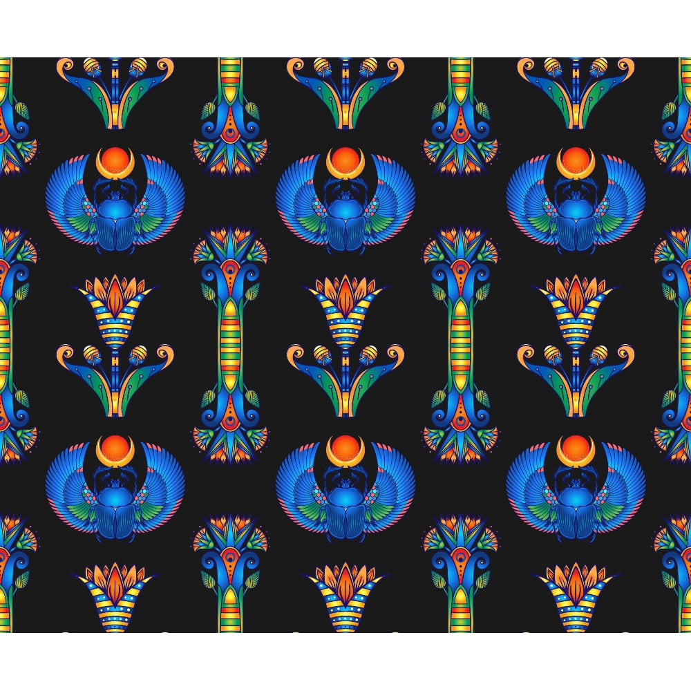 egyptian hieroglyphs, scarab beetle, winged scarab, lotus flower, peacock motifs, black background, blue wings, orange accents, gold details, green highlights, repeating pattern, ancient symbols,, fabric panel, geometric borders, mythological creatures, vibrant colors, decorative motifs, egyptian art style, sacred symbols