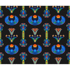 egyptian hieroglyphs, scarab beetle, winged scarab, lotus flower, peacock motifs, black background, blue wings, orange accents, gold details, green highlights, repeating pattern, ancient symbols,, fabric panel, geometric borders, mythological creatures, vibrant colors, decorative motifs, egyptian art style, sacred symbols