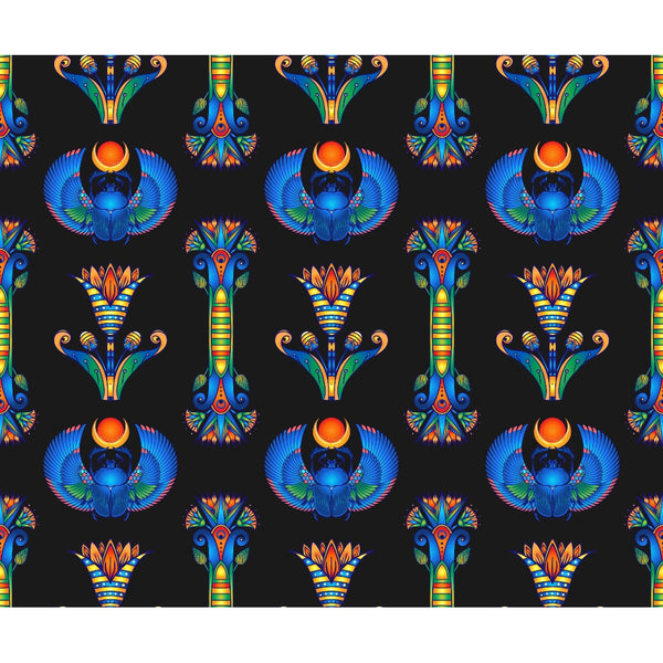 egyptian hieroglyphs, scarab beetle, winged scarab, lotus flower, peacock motifs, black background, blue wings, orange accents, gold details, green highlights, repeating pattern, ancient symbols,, fabric panel, geometric borders, mythological creatures, vibrant colors, decorative motifs, egyptian art style, sacred symbols