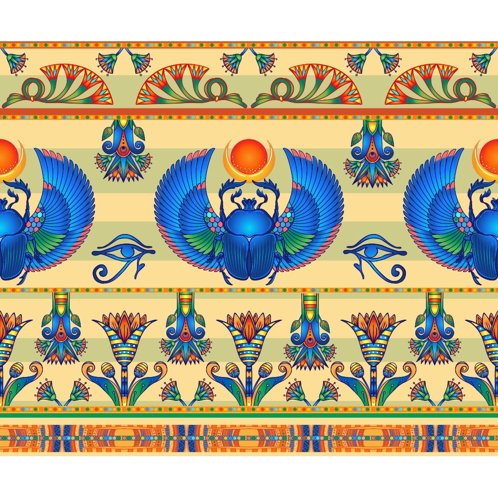 egyptian motifs, scarab beetles, winged beetles, eye of horus, lotus flowers, papyrus plants, turquoise blue, royal blue, orange red, golden yellow, green accents, ancient symbols, hieroglyphic patterns, repeating borders, ornate designs,, fabric panel, mystical imagery, pharaoh symbols, decorative stripes
