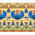 egyptian motifs, scarab beetles, winged beetles, eye of horus, lotus flowers, papyrus plants, turquoise blue, royal blue, orange red, golden yellow, green accents, ancient symbols, hieroglyphic patterns, repeating borders, ornate designs,, fabric panel, mystical imagery, pharaoh symbols, decorative stripes