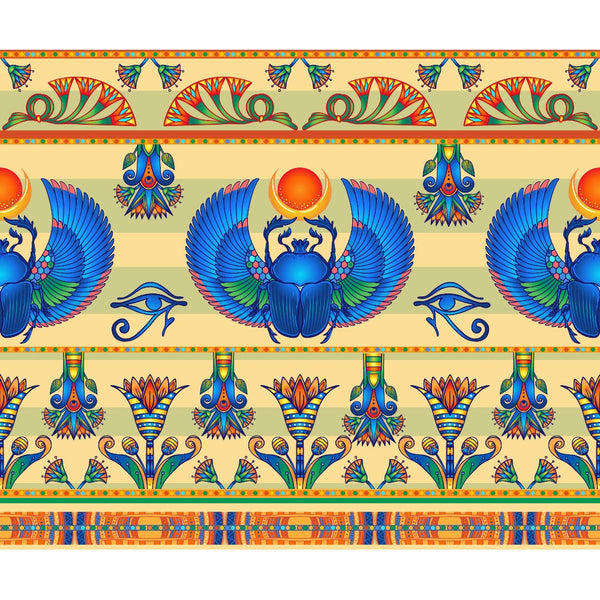 egyptian motifs, scarab beetles, winged beetles, eye of horus, lotus flowers, papyrus plants, turquoise blue, royal blue, orange red, golden yellow, green accents, ancient symbols, hieroglyphic patterns, repeating borders, ornate designs,, fabric panel, mystical imagery, pharaoh symbols, decorative stripes