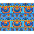 egyptian hieroglyphs, scarab beetle, winged scarab, ancient egypt, blue background, orange accents, gold details, green highlights, geometric borders, repeating pattern, symmetrical design, mythological symbols, pharaonic art, decorative motifs,, fabric panel, vibrant colors, cultural symbols, archaeological theme, ornamental design