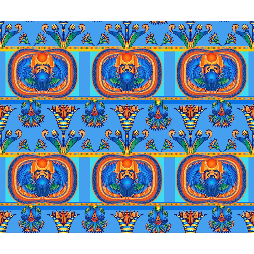 egyptian hieroglyphs, scarab beetle, winged scarab, ancient egypt, blue background, orange accents, gold details, green highlights, geometric borders, repeating pattern, symmetrical design, mythological symbols, pharaonic art, decorative motifs,, fabric panel, vibrant colors, cultural symbols, archaeological theme, ornamental design