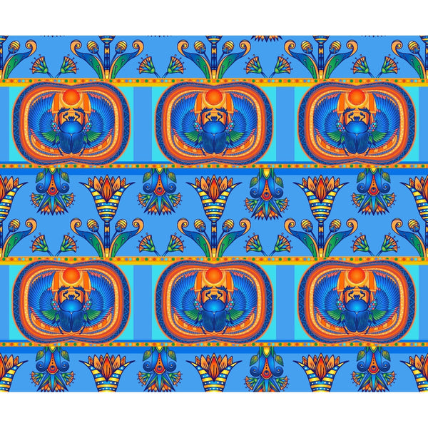 egyptian hieroglyphs, scarab beetle, winged scarab, ancient egypt, blue background, orange accents, gold details, green highlights, geometric borders, repeating pattern, symmetrical design, mythological symbols, pharaonic art, decorative motifs,, fabric panel, vibrant colors, cultural symbols, archaeological theme, ornamental design