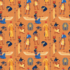 orange background, ancient egyptian, pharaoh heads, anubis god, winged scarab, hieroglyphic symbols, eye of horus, golden yellow, royal blue, repeating pattern, mythological figures, egyptian deities, ankh symbols,, fabric panel, desert orange, ceremonial staff, egyptian art style, ancient civilization, geometric motifs