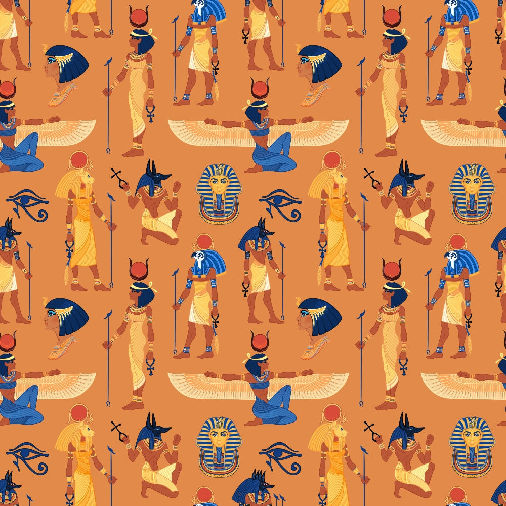 orange background, ancient egyptian, pharaoh heads, anubis god, winged scarab, hieroglyphic symbols, eye of horus, golden yellow, royal blue, repeating pattern, mythological figures, egyptian deities, ankh symbols,, fabric panel, desert orange, ceremonial staff, egyptian art style, ancient civilization, geometric motifs
