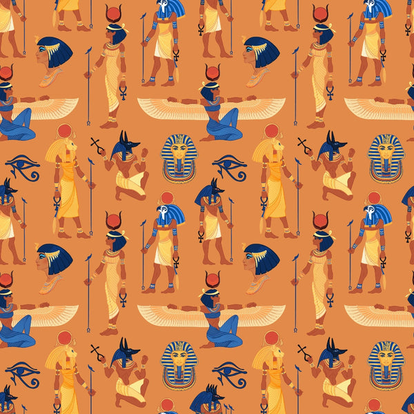 orange background, ancient egyptian, pharaoh heads, anubis god, winged scarab, hieroglyphic symbols, eye of horus, golden yellow, royal blue, repeating pattern, mythological figures, egyptian deities, ankh symbols,, fabric panel, desert orange, ceremonial staff, egyptian art style, ancient civilization, geometric motifs