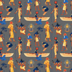 egyptian mythology, ancient gods, pharaoh, anubis, hieroglyphs, winged scarab, eye of horus, golden yellow, deep blue, terracotta red, gray background, repeating pattern,, fabric panel, egyptian deities, archaeological motif, cultural symbols, ancient civilization, mythological figures, decorative pattern