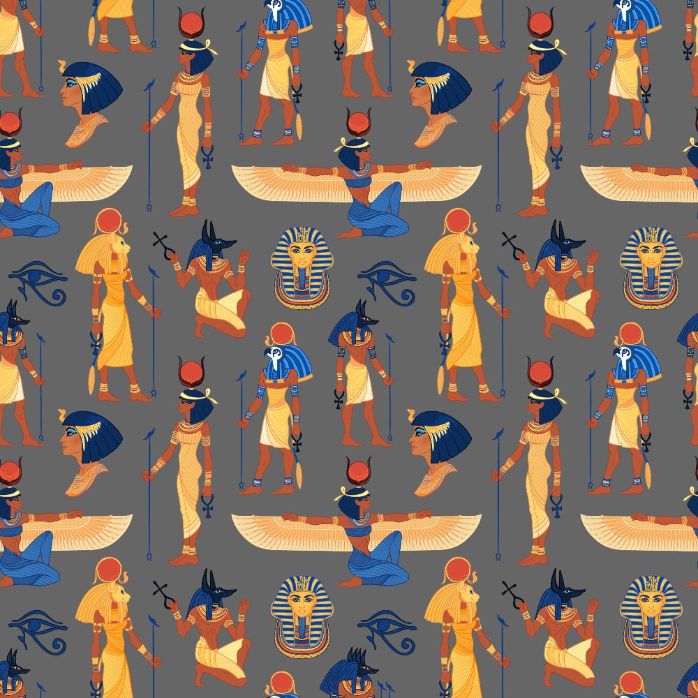 egyptian mythology, ancient gods, pharaoh, anubis, hieroglyphs, winged scarab, eye of horus, golden yellow, deep blue, terracotta red, gray background, repeating pattern,, fabric panel, egyptian deities, archaeological motif, cultural symbols, ancient civilization, mythological figures, decorative pattern