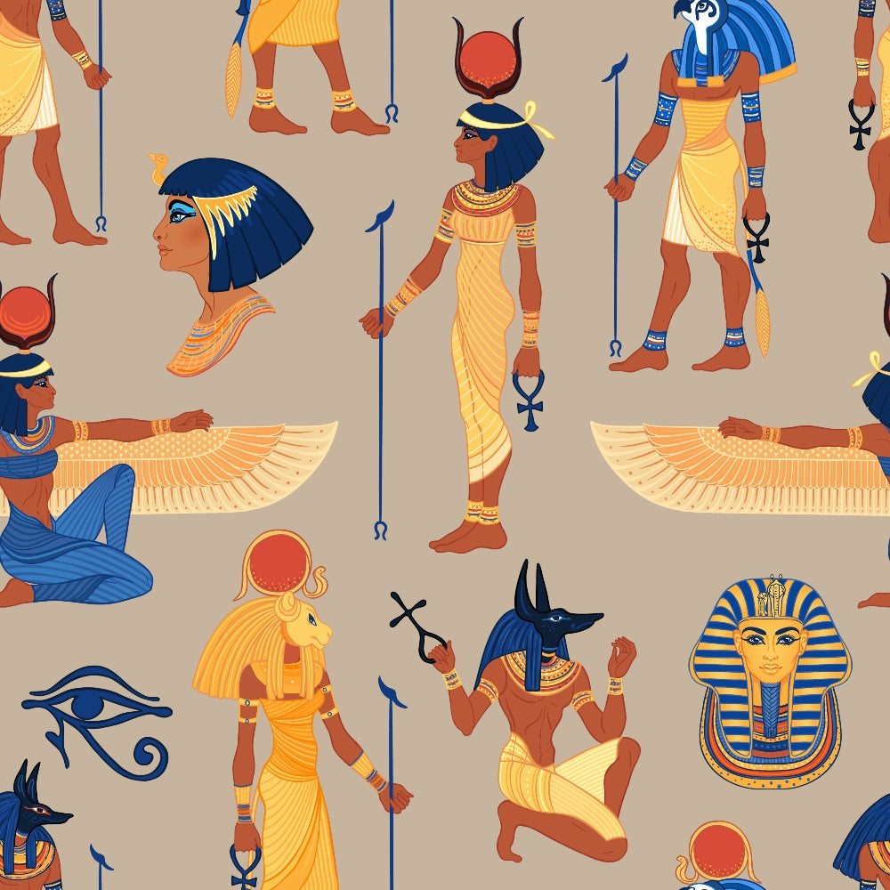 egyptian mythology, ancient gods, pharaoh headdress, anubis deity, winged goddess, hieroglyphic symbols, ankh cross, eye of horus, golden yellow, deep blue, terracotta orange, beige background,, fabric panel, mythological figures, desert themes, archaeological motifs, repetitive pattern, cultural artwork, ancient civilization