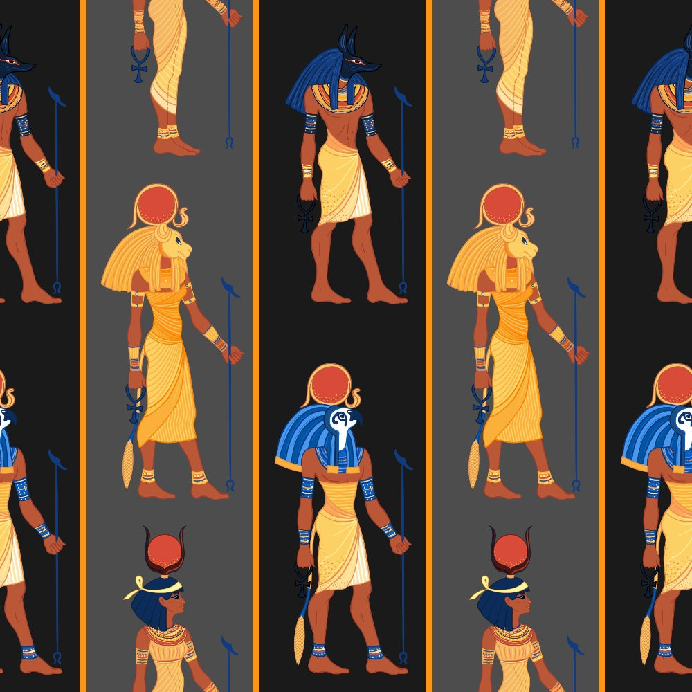 egyptian gods, ancient mythology, anubis, pharaoh figures, hieroglyphic art, red sun disk, blue headdress, golden yellow, burnt orange, deep red, dark gray background, repeating pattern, vertical stripes,, fabric panel, mythological characters, egyptian deities, ancient civilization, ornate costumes, staffs and scepters