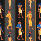 egyptian gods, ancient mythology, anubis, pharaoh figures, hieroglyphic art, red sun disk, blue headdress, golden yellow, burnt orange, deep red, dark gray background, repeating pattern, vertical stripes,, fabric panel, mythological characters, egyptian deities, ancient civilization, ornate costumes, staffs and scepters