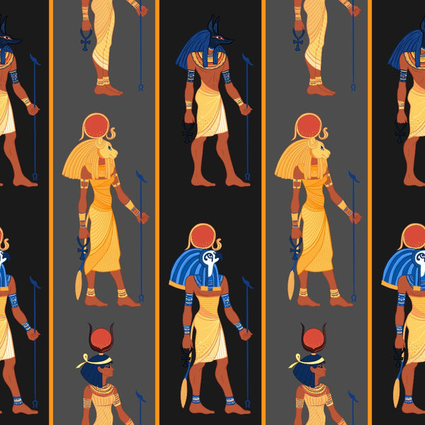 egyptian gods, ancient mythology, anubis, pharaoh figures, hieroglyphic art, red sun disk, blue headdress, golden yellow, burnt orange, deep red, dark gray background, repeating pattern, vertical stripes,, fabric panel, mythological characters, egyptian deities, ancient civilization, ornate costumes, staffs and scepters
