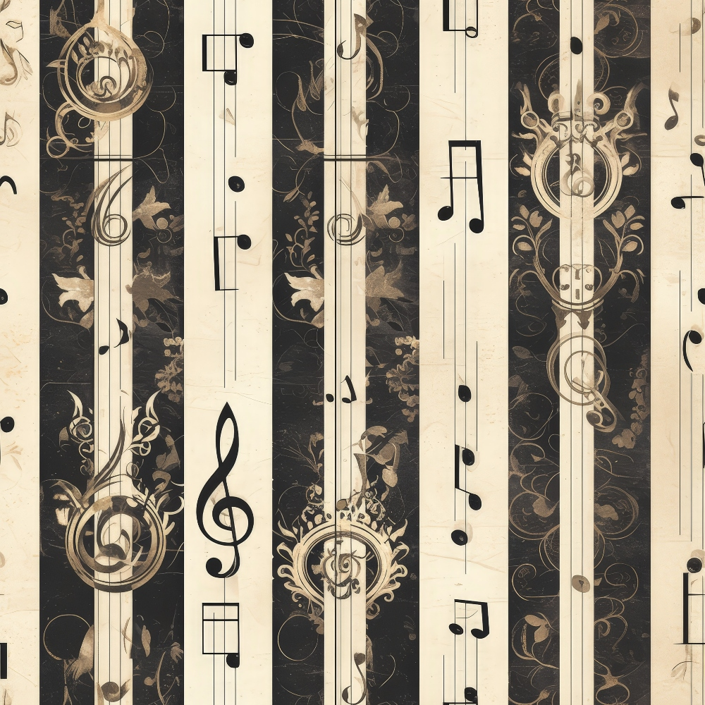 elegant, music,, fabric panel, beige, cream, dark brown, sepia tones, musical notes, treble clef, ornate scrollwork, floral motifs, vintage style, decorative stripes, baroque ornaments, sheet music, sophisticated pattern, neutral colors, ornamental design, musical theme