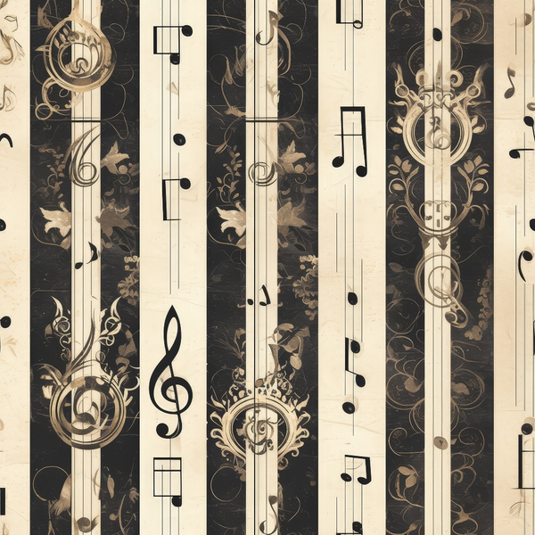 elegant, music,, fabric panel, beige, cream, dark brown, sepia tones, musical notes, treble clef, ornate scrollwork, floral motifs, vintage style, decorative stripes, baroque ornaments, sheet music, sophisticated pattern, neutral colors, ornamental design, musical theme