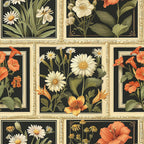 floral botanical, vintage illustration, daisy flowers, hibiscus blooms, ornate frames, dark green background, coral orange, cream white, sage green, decorative borders,, fabric panel, grid layout, nature motifs, detailed petals, leaves foliage, garden flowers, block pattern, cottage style, spring florals