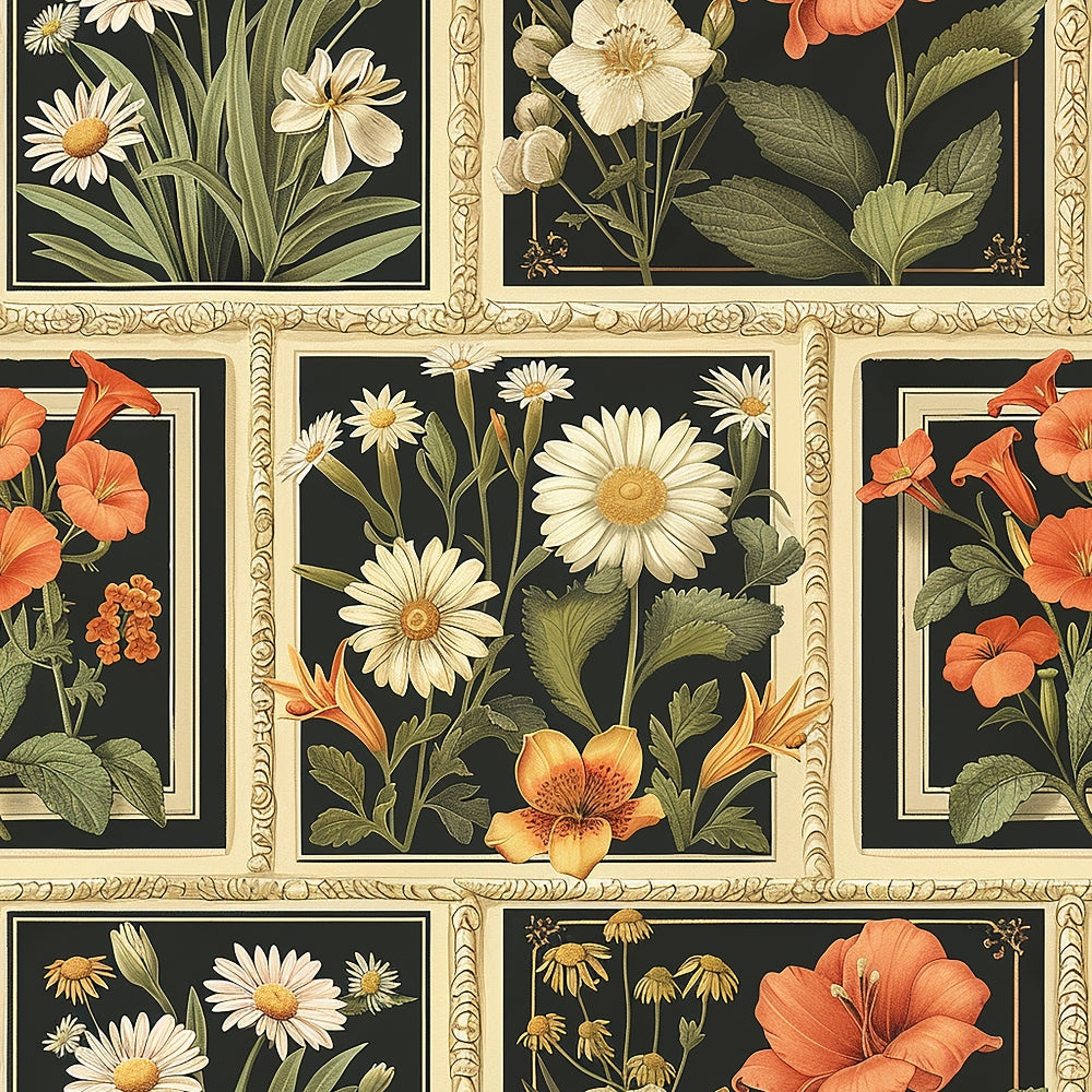 floral botanical, vintage illustration, daisy flowers, hibiscus blooms, ornate frames, dark green background, coral orange, cream white, sage green, decorative borders,, fabric panel, grid layout, nature motifs, detailed petals, leaves foliage, garden flowers, block pattern, cottage style, spring florals