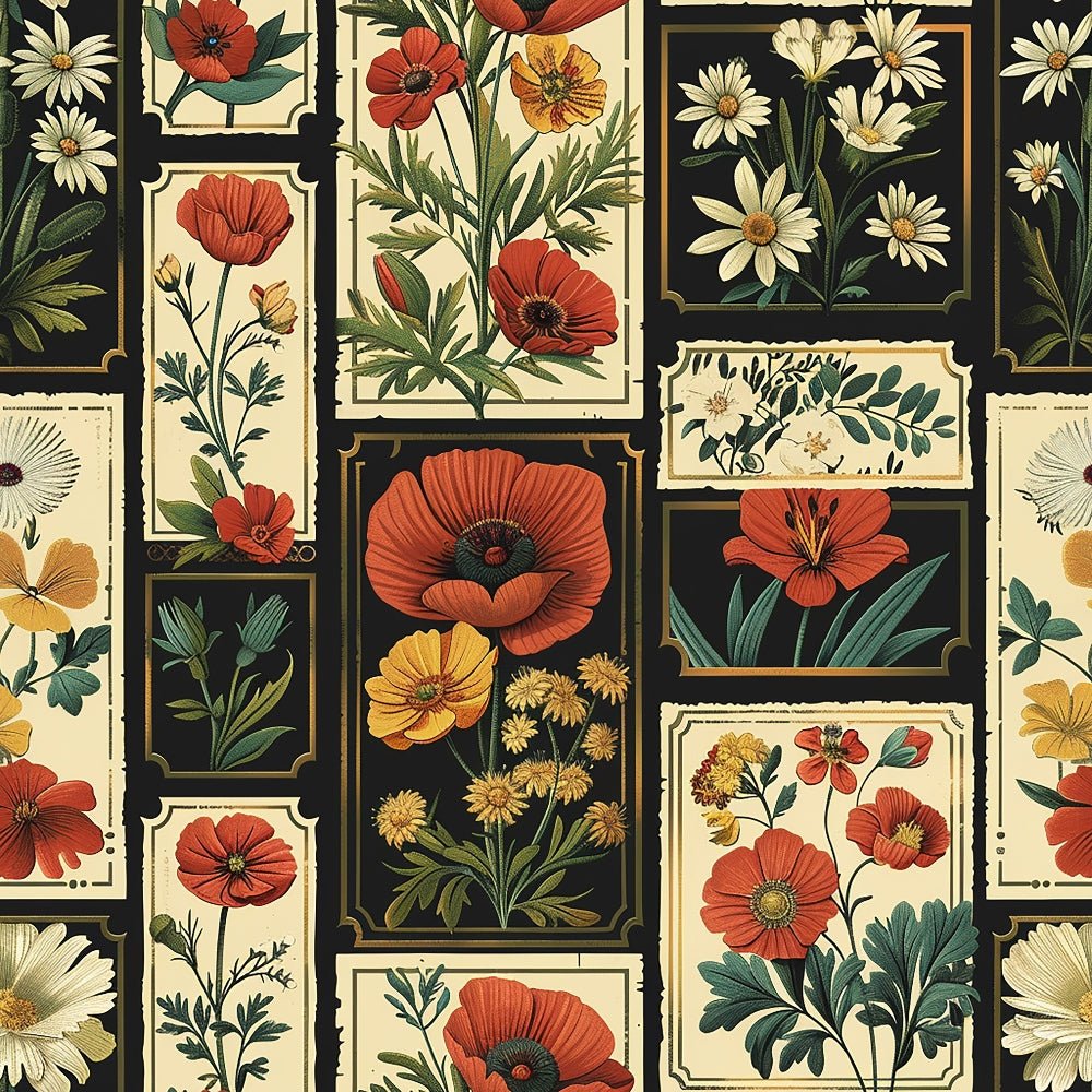 botanical illustration, floral panels,, red poppies, white daisies, yellow flowers, cream background, black frames, vintage botanicals, garden flowers, nature study, rectangular blocks, flora collection, warm earth tones, green foliage, orange blooms, fabric panel, wildflowers, pressed flowers, antique style