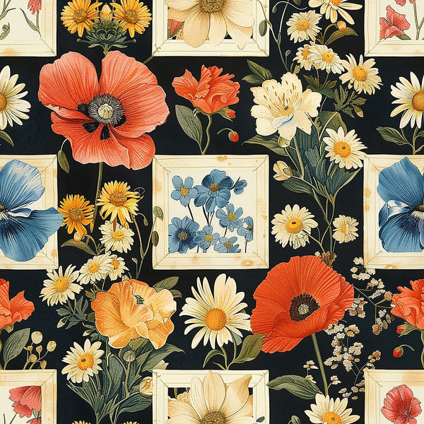 floral pattern, botanical illustration, coral poppies, blue flowers, white daisies, yellow blooms, framed florals, grid layout,, fabric panel, vintage style, pressed flowers, garden motifs, spring flowers, black background, cream frames, orange petals, delicate stems, cottage core, nature inspired