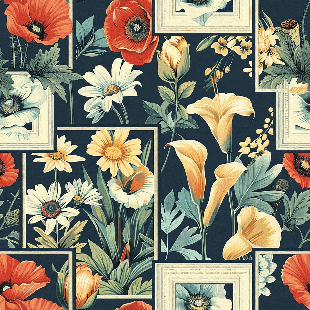 floral pattern, botanical print, navy blue background, coral red poppies, cream white flowers, yellow lilies, sage green leaves, framed squares, grid layout,, fabric panel, vintage style, botanical illustration, mixed florals, daisies, calla lilies, nature motif, rectangular frames, soft pastels, garden flowers
