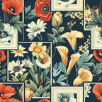floral pattern, botanical print, navy blue background, coral red poppies, cream white flowers, yellow lilies, sage green leaves, framed squares, grid layout,, fabric panel, vintage style, botanical illustration, mixed florals, daisies, calla lilies, nature motif, rectangular frames, soft pastels, garden flowers