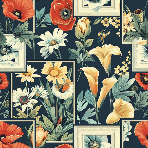 floral pattern, botanical print, navy blue background, coral red poppies, cream white flowers, yellow lilies, sage green leaves, framed squares, grid layout,, fabric panel, vintage style, botanical illustration, mixed florals, daisies, calla lilies, nature motif, rectangular frames, soft pastels, garden flowers
