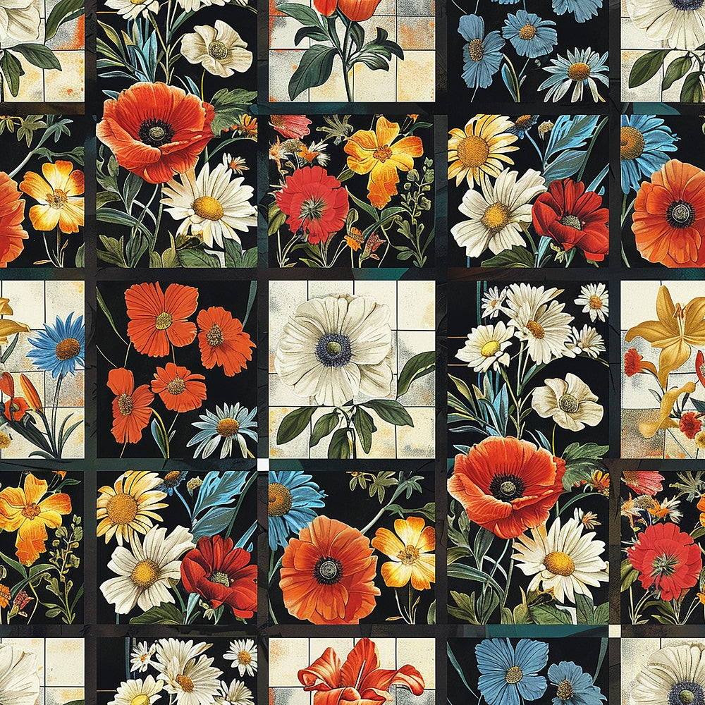 floral pattern,, fabric panel, botanical design, daisies, poppies, cosmos flowers, orange blooms, blue flowers, white petals, red poppies, yellow centers, green foliage, black borders, grid layout, patchwork squares, vintage illustration, garden flowers, spring blooms, nature motifs, cottage core