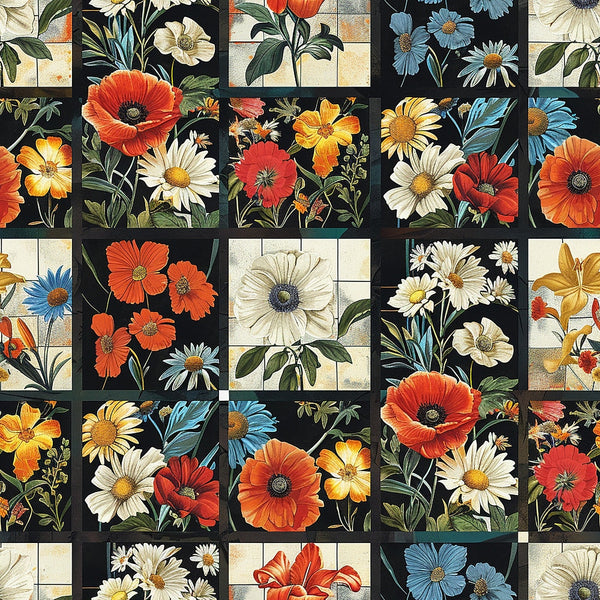 floral pattern,, fabric panel, botanical design, daisies, poppies, cosmos flowers, orange blooms, blue flowers, white petals, red poppies, yellow centers, green foliage, black borders, grid layout, patchwork squares, vintage illustration, garden flowers, spring blooms, nature motifs, cottage core