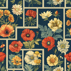 navy blue background, botanical illustration, floral motifs, red poppies, cream flowers, orange blooms, yellow daisies, geometric grid layout, rectangular panels, vintage style,, fabric panel, botanical art, wildflowers, nature inspired, detailed petals, green foliage, garden flowers, coordinated colorway