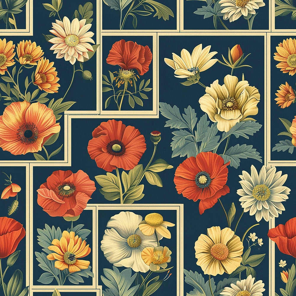 navy blue background, botanical illustration, floral motifs, red poppies, cream flowers, orange blooms, yellow daisies, geometric grid layout, rectangular panels, vintage style,, fabric panel, botanical art, wildflowers, nature inspired, detailed petals, green foliage, garden flowers, coordinated colorway