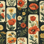 coral red, golden yellow, sage green, cream background, floral motifs, botanical illustrations, poppies, daisies, wildflowers, geometric panels, framed florals,, fabric panel, vintage style, nature inspired, rectangular blocks, detailed petals, leaf patterns, garden flowers, coordinating prints