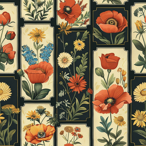 coral red, golden yellow, sage green, cream background, floral motifs, botanical illustrations, poppies, daisies, wildflowers, geometric panels, framed florals,, fabric panel, vintage style, nature inspired, rectangular blocks, detailed petals, leaf patterns, garden flowers, coordinating prints
