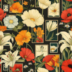 floral pattern,, fabric panel, botanical design, orange flowers, cream blooms, red poppies, white lilies, dark green background, framed florals, geometric frames, vintage style, garden flowers, mixed florals, warm colors, earthy tones, nature motifs, decorative squares, artistic illustration, cottage core