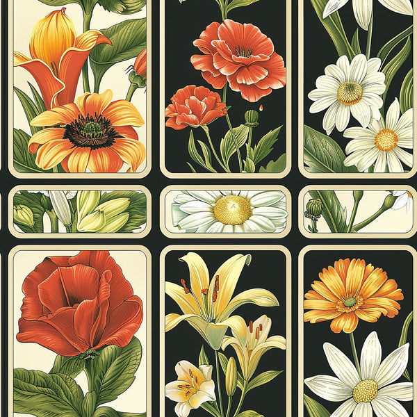 floral botanical,, fabric panel, orange flowers, red poppies, white daisies, yellow lilies, green foliage, rectangular blocks, vintage illustration, detailed petals, nature motifs, garden flowers, cream background, black background, botanical art, summer blooms, coordinated designs, patchwork ready, cotton fabric